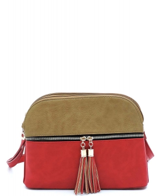 Dual Tone Zip Tassel Multi Compartment Crossbody Bag LP050 STONE RED